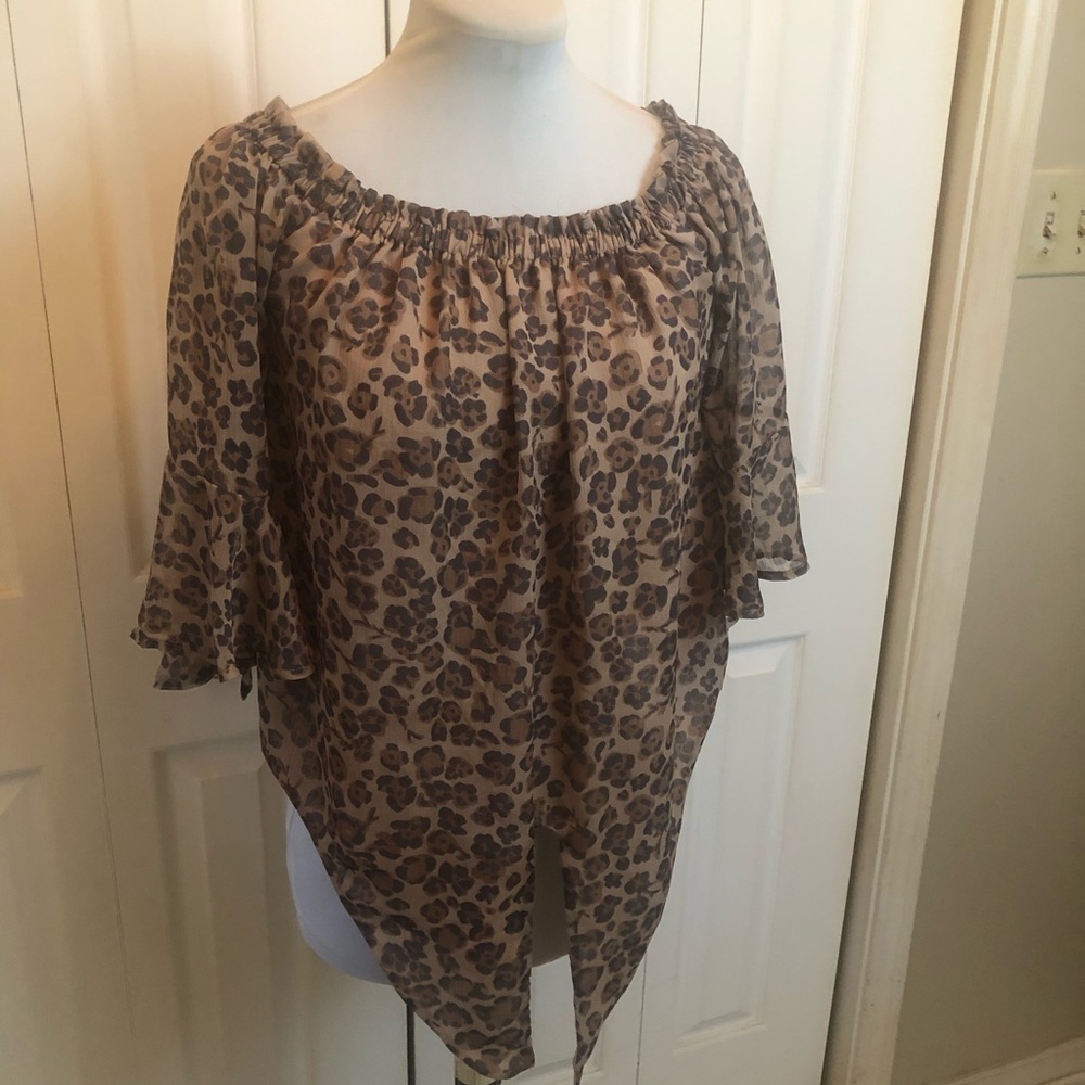 Express Tie Front Tan and Brown Leopard Off-Shoulder Blouse